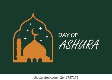 Vetor do Dia da Ashura com Arco Islâmico e Design de Mesquita. Vetor elegante do Dia da Ashura com silhueta da mesquita dentro de um arco islâmico com lua crescente e estrelas.