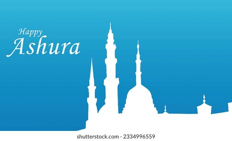 Ashura light blue vector background mosque. The mosque's architecture reflects classic Islamic design elements, with elegant domes and minarets reaching towards the sky.