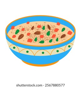 Ashure with pomegranate and nuts. Traditional Turkish dessert. Vector hand drawn illustration.