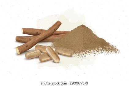 Ashwagandha Ayurvedic herbs dry stems with ashwagandha powder and capsule vector illustration