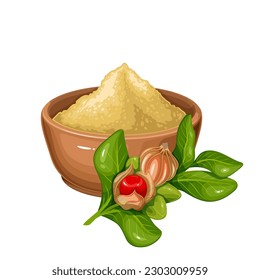 Ashwagandha branch and root powder in bowl vector illustration. Cartoon isolated cup with pile of ashwaganda root ayurvedic extract, botanical plant of Withania somnifera with red berry fruit