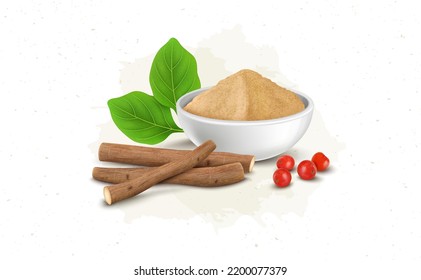 Ashwagandha Dry Sticks with green leaves, powder and Ashwagandha berries vector illustration