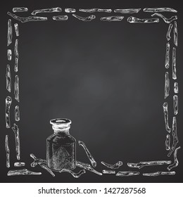 Ashwagandha hand drawn border frame pattern with berries, lives and branch in white chalk color on black chalkboard background. Retro vintage graphic design Botanical sketch drawing illustration