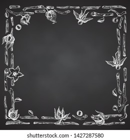 Ashwagandha hand drawn border frame pattern with berries, lives and branch in white chalk color on black chalkboard background. Retro vintage graphic design Botanical sketch drawing illustration