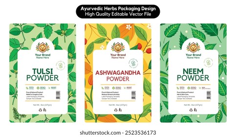 Ashwagandha Powder Label Design Tulsi Powder Neem Powder label design, Withania somnifera, Azadirachta indica, Ocimum tenuiflorum Packaging Design Indian Ayurvedic Herbs Vector Sticker Template