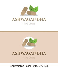 Ashwagandha Supplement Logo Template, Healthy Herb Medicine Pills Business Logotype, Indian Ginseng, Extract Powder Capsule Vector Icon Design, Healthcare Shop Branding, Isolated On Background