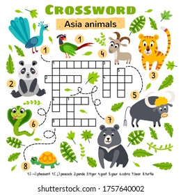 Asia animals crossword. For preschool kids activity worksheet. Children crossing word search puzzle game