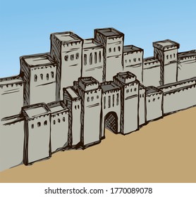 Asia Arabia hebrew town line brick scene on white sky text space. Outline black hand drawn eastern jew logo icon sign in retro artist engrave middle orient asian arab religion bible style. Front view