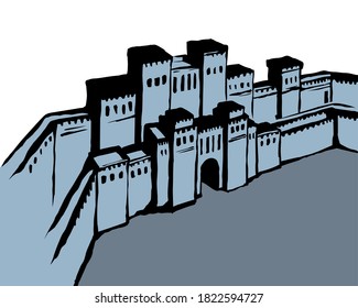 Asia Arabia hebrew town line brick scene on white sky text space. Outline black hand drawn eastern jew logo icon sign in retro artist engrave middle orient asian arab religion bible style. Front view