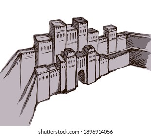 Asia Arabia hebrew town line brick scene on white sky text space. Outline black hand drawn eastern jew logo icon sign in retro artist engrave middle orient asian arab religion bible style. Front view