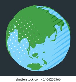 Asia and Australia on globe with comic style green continental land and blue ocean water