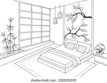 Asia bedroom graphic black white home interior design sketch illustration vector 