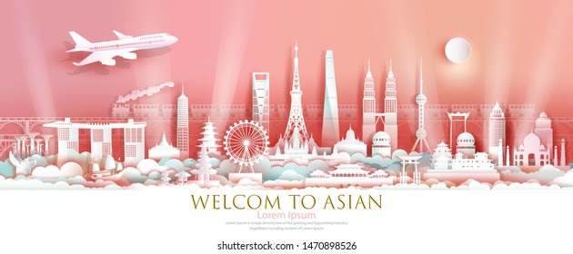 Asia brochure travel famous landmarks skyscraper architecture skyline, Celebration travelling with lighting in city by airplane and train, For business, advertising, brochure, Vector illustration.