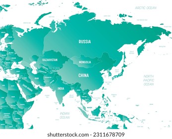 Asia - brown orange hue colored on dark background. High detailed political map of asian continent with country, ocean and sea names labeling.