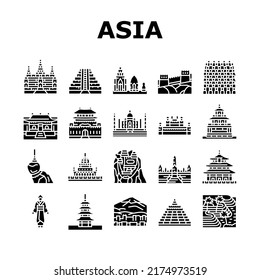 Asia Building And Land Scape Icons Set Vector. Asia Shaolin Monastery Pagoda, Borobudur Putrajaya Historical Building, Tegallang Rice Terraces Temple Of Heaven Glyph Pictograms Black Illustrations
