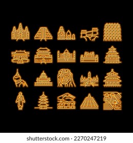 Asia Building And Land Scape neon light sign vector. Asia Shaolin Monastery And Pagoda, Borobudur And Putrajaya Historical Building, Tegallang Rice Terraces And Temple Of Heaven Illustrations