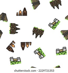 Asia Building And Land Scape Vector Seamless Pattern Thin Line Illustration