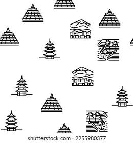 Asia Building And Land Scape Vector Seamless Pattern Thin Line Illustration