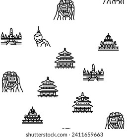 Asia Building And Land Scape Vector Seamless Pattern Thin Line Illustration