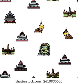 Asia Building And Land Scape Vector Seamless Pattern Thin Line Illustration