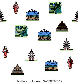 Asia Building And Land Scape Vector Seamless Pattern Thin Line Illustration