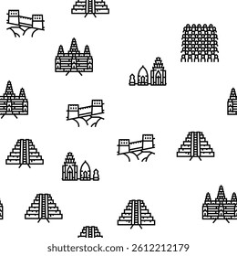 Asia Building And Land Scape Vector Seamless Pattern Thin Line Illustration