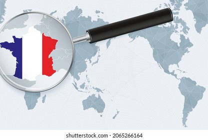 Asia centered world map with magnified glass on France. Focus on map of France on Pacific-centric World Map. Vector illustration.