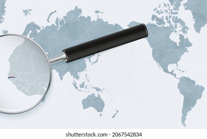 Asia centered world map with magnified glass on Gambia. Focus on map of Gambia on Pacific-centric World Map. Vector illustration.