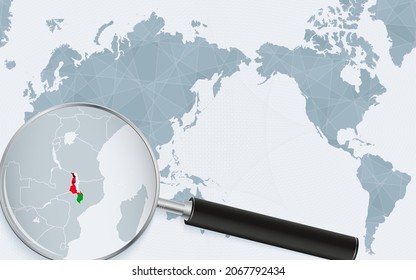 Asia centered world map with magnified glass on Malawi. Focus on map of Malawi on Pacific-centric World Map. Vector illustration.