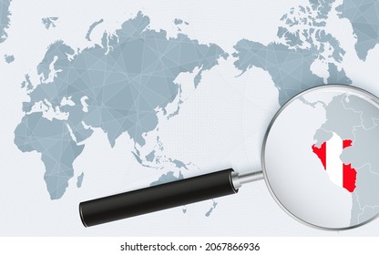 Asia centered world map with magnified glass on Peru. Focus on map of Peru on Pacific-centric World Map. Vector illustration.