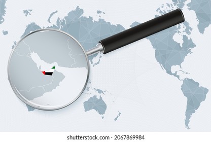 Asia centered world map with magnified glass on United Arab Emirates. Focus on map of United Arab Emirates on Pacific-centric World Map. Vector illustration.