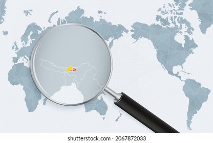 Asia centered world map with magnified glass on Bhutan. Focus on map of Bhutan on Pacific-centric World Map. Vector illustration.