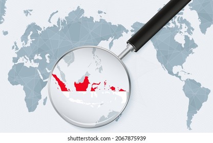 Asia centered world map with magnified glass on Indonesia. Focus on map of Indonesia on Pacific-centric World Map. Vector illustration.