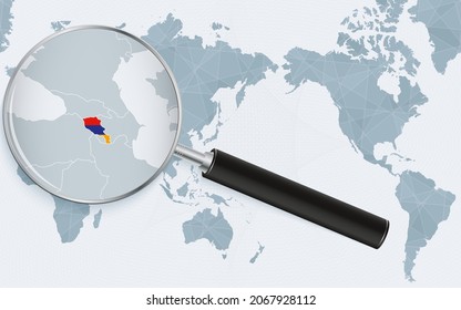 Mapa del mundo de Asia centrado con vidrio magnificado sobre Armenia. Centrarse en el mapa de Armenia en el Mapa Mundial centrado en el Pacífico. Ilustración vectorial.