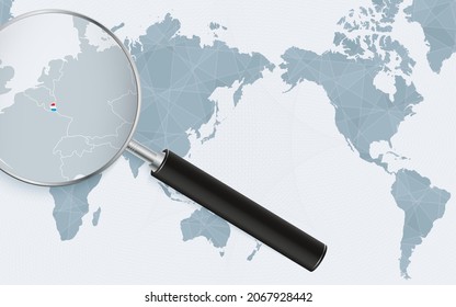 Mapa del mundo de Asia con vidrio magnificado sobre Luxemburgo. Centrarse en el mapa de Luxemburgo en el Mapa Mundial del Pacífico. Ilustración vectorial.