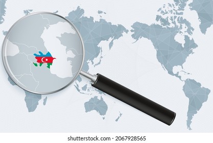 Mapa del mundo de Asia con vidrio magnificado sobre Azerbaiyán. Centrarse en el mapa de Azerbaiyán en el Mapa Mundial del Pacífico. Ilustración vectorial.