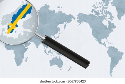 Asia centered world map with magnified glass on Sweden. Focus on map of Sweden on Pacific-centric World Map. Vector illustration.