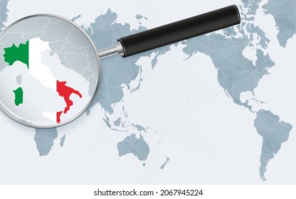 Asia centered world map with magnified glass on Italy. Focus on map of Italy on Pacific-centric World Map. Vector illustration.