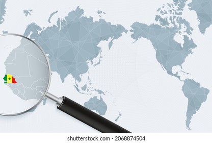 Asia centered world map with magnified glass on Senegal. Focus on map of Senegal on Pacific-centric World Map. Vector illustration.