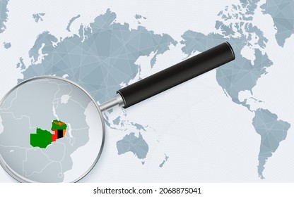Asia centered world map with magnified glass on Zambia. Focus on map of Zambia on Pacific-centric World Map. Vector illustration.