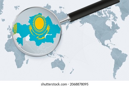 Asia centered world map with magnified glass on Kazakhstan. Focus on map of Kazakhstan on Pacific-centric World Map. Vector illustration.