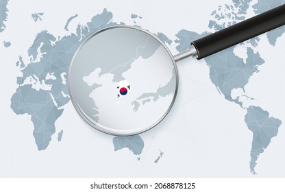 Asia centered world map with magnified glass on South Korea. Focus on map of South Korea on Pacific-centric World Map. Vector illustration.