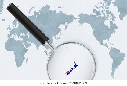 Asia centered world map with magnified glass on New Zealand. Focus on map of New Zealand on Pacific-centric World Map. Vector illustration.