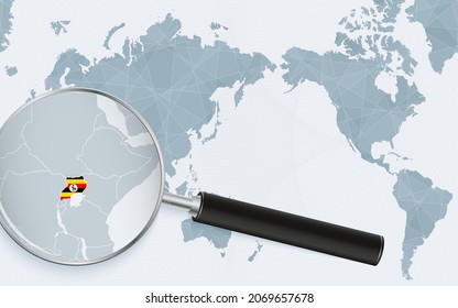 Asia centered world map with magnified glass on Uganda. Focus on map of Uganda on Pacific-centric World Map. Vector illustration.