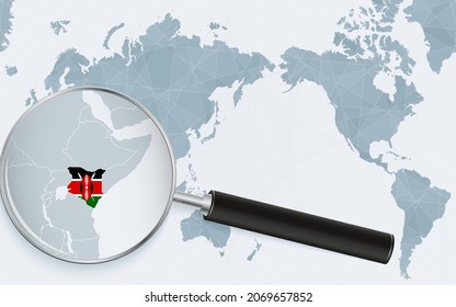 Asia centered world map with magnified glass on Kenya. Focus on map of Kenya on Pacific-centric World Map. Vector illustration.