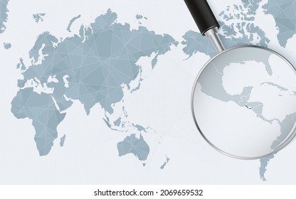 Mapa del mundo de Asia con vidrio magnificado en El Salvador. Centrarse en el mapa de El Salvador en el Mapa Mundial del Pacífico. Ilustración vectorial.