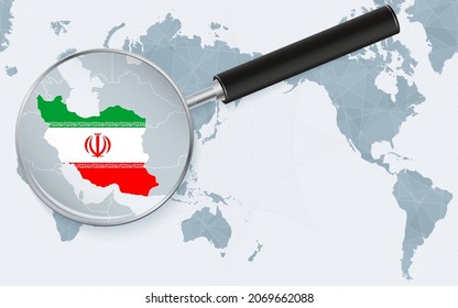 Asia centered world map with magnified glass on Iran. Focus on map of Iran on Pacific-centric World Map. Vector illustration.