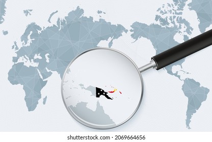 Asia centered world map with magnified glass on Papua New Guinea. Focus on map of Papua New Guinea on Pacific-centric World Map. Vector illustration.