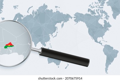 Asia centered world map with magnified glass on Burkina Faso. Focus on map of Burkina Faso on Pacific-centric World Map. Vector illustration.