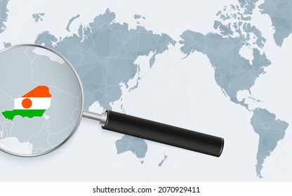 Asien zentriert Weltkarte mit Lupe auf Niger. Fokus auf der Karte von Niger auf der pazifischen Weltkarte. Vektorgrafik.